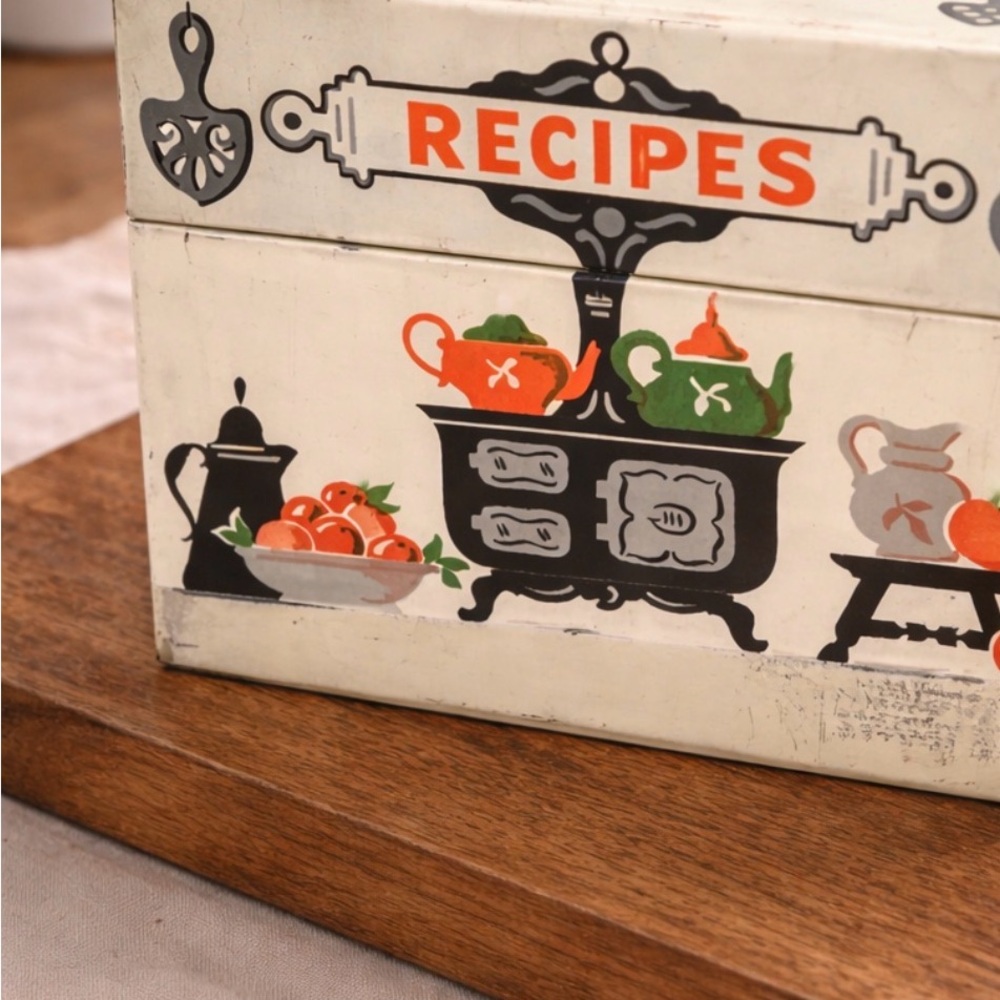 Vintage White 'Recipes' Metal Recipe Box with Orange and Green Accents